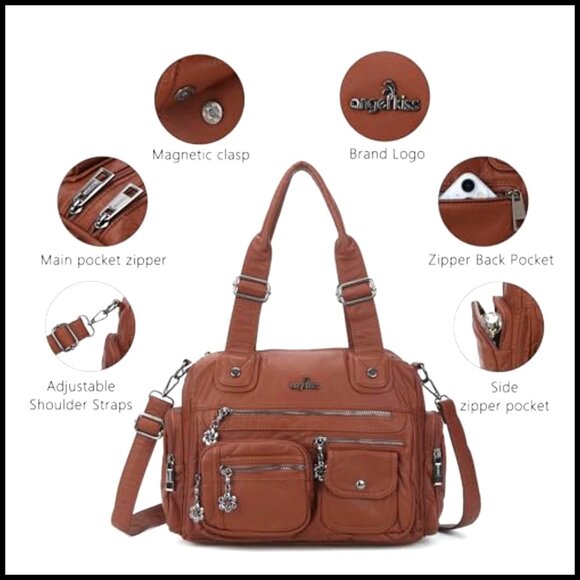 Large Hobo Tote Satchel Bag Soft Leather Multi Pocket Convertible Shoulder Bag - Picture 6 of 7
